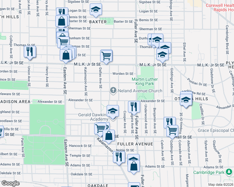 map of restaurants, bars, coffee shops, grocery stores, and more near 1045 Alexander Street Southeast in Grand Rapids