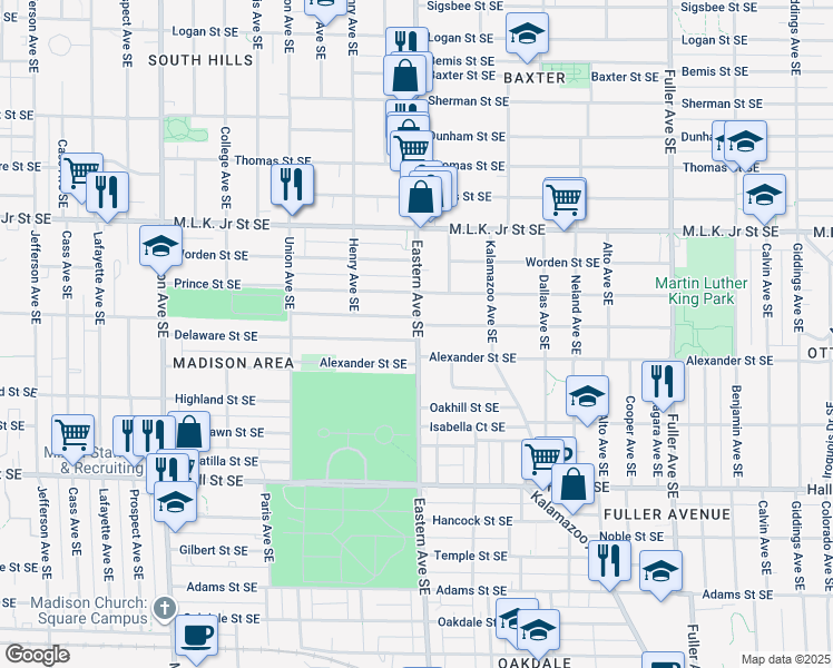 map of restaurants, bars, coffee shops, grocery stores, and more near 740 Delaware Street Southeast in Grand Rapids