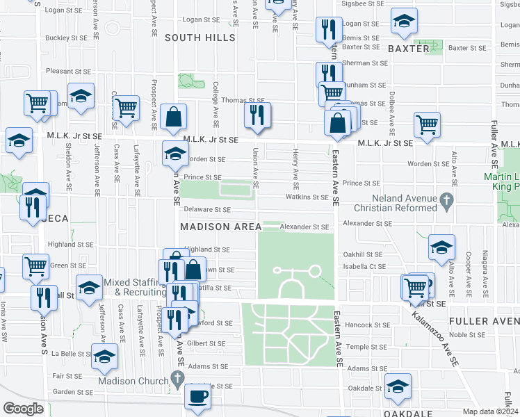 map of restaurants, bars, coffee shops, grocery stores, and more near 1009 Union Avenue Southeast in Grand Rapids