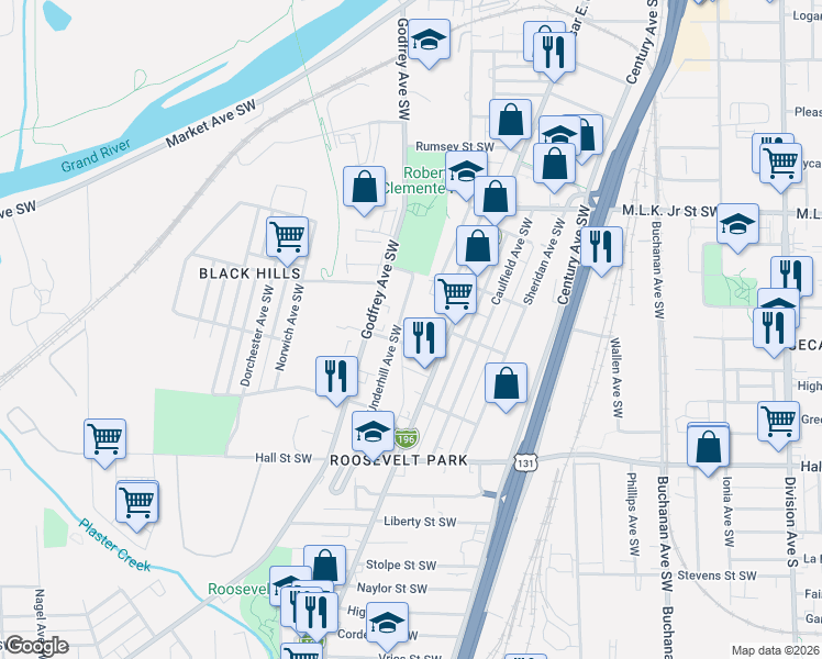 map of restaurants, bars, coffee shops, grocery stores, and more near 549 Martha Street Southwest in Grand Rapids
