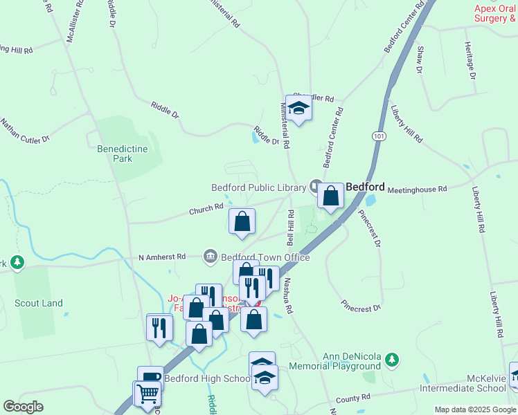 map of restaurants, bars, coffee shops, grocery stores, and more near 4 Church Road in Bedford