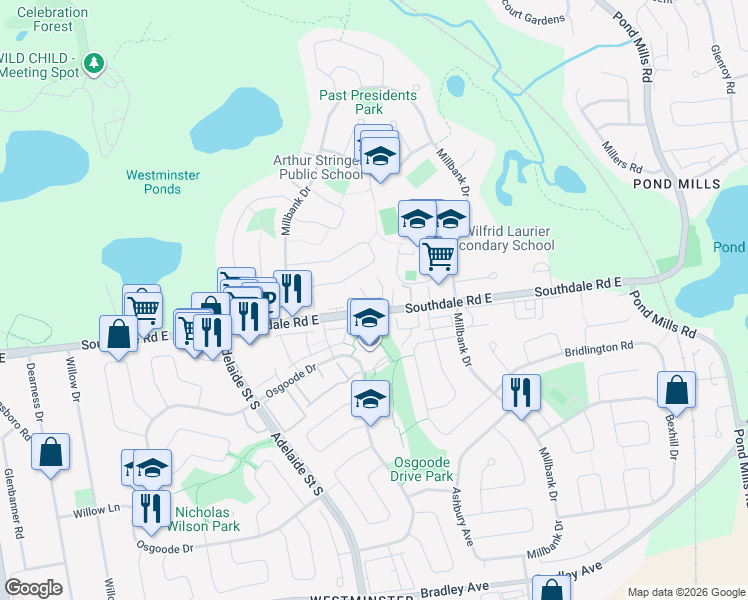 map of restaurants, bars, coffee shops, grocery stores, and more near 1000 Southdale Road East in London
