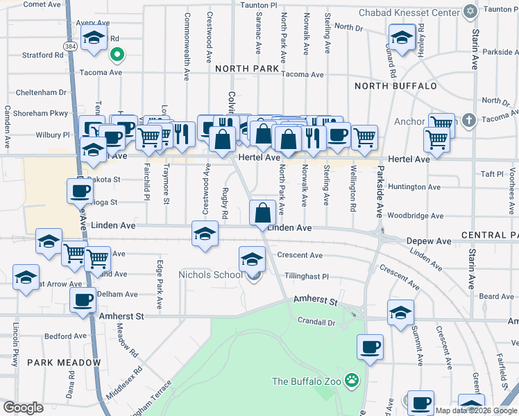 map of restaurants, bars, coffee shops, grocery stores, and more near 155 Colvin Avenue in Buffalo