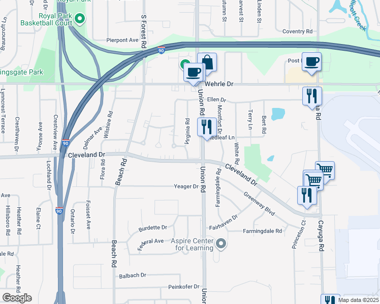 map of restaurants, bars, coffee shops, grocery stores, and more near 1170 Cleveland Drive in Buffalo
