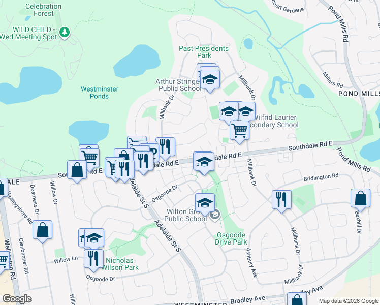 map of restaurants, bars, coffee shops, grocery stores, and more near 966 Southdale Road East in London