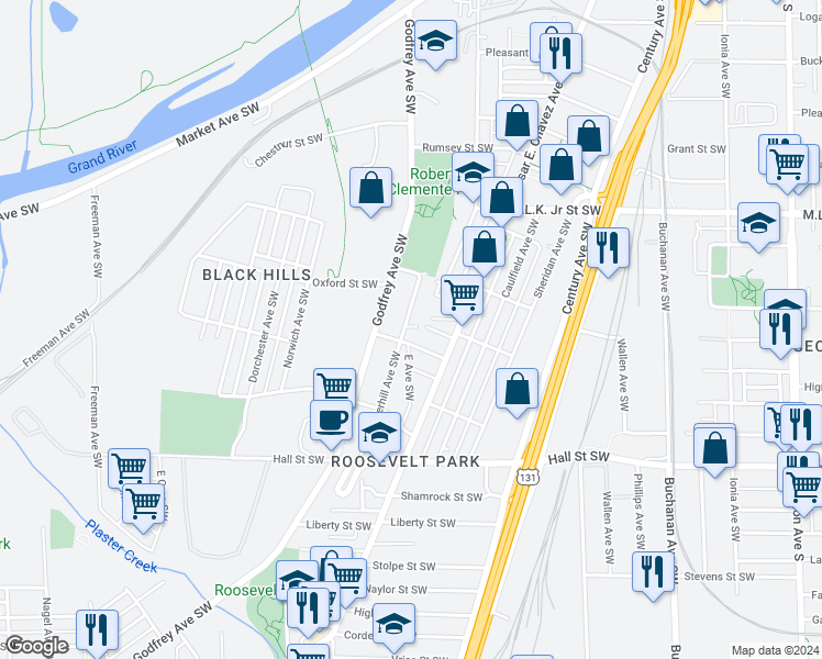 map of restaurants, bars, coffee shops, grocery stores, and more near 956 Underhill Avenue Southwest in Grand Rapids
