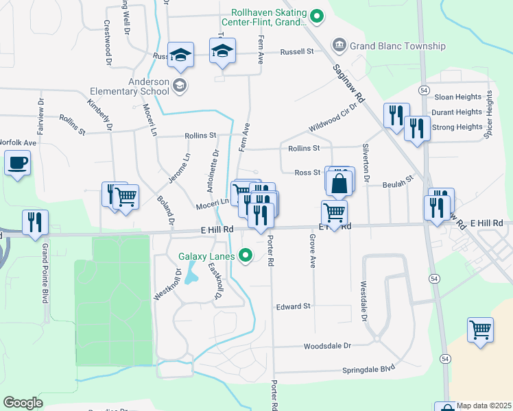 map of restaurants, bars, coffee shops, grocery stores, and more near 2221 East Hill Road in Grand Blanc