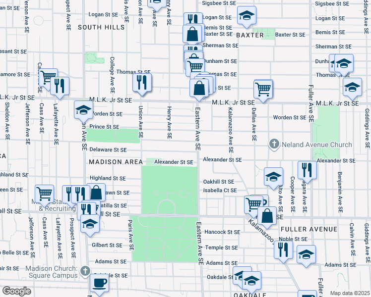 map of restaurants, bars, coffee shops, grocery stores, and more near 733 Delaware Street Southeast in Grand Rapids
