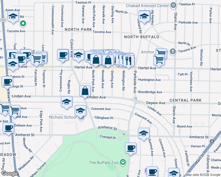 map of restaurants, bars, coffee shops, grocery stores, and more near 32 Sterling Avenue in Buffalo