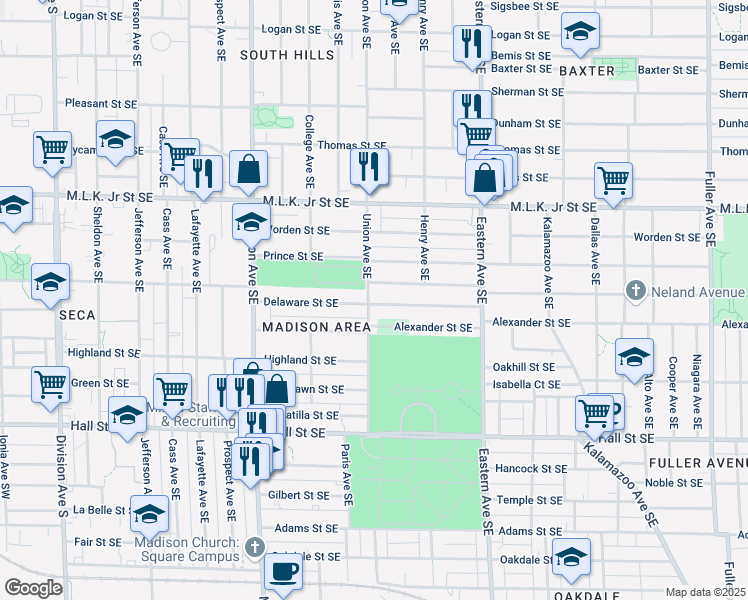 map of restaurants, bars, coffee shops, grocery stores, and more near 1009 Union Avenue Southeast in Grand Rapids