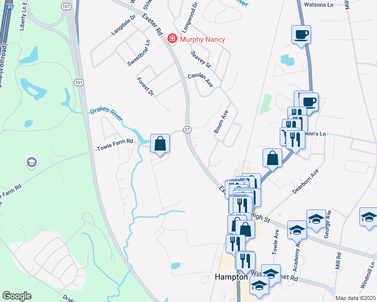 map of restaurants, bars, coffee shops, grocery stores, and more near 86 Exeter Road in Hampton