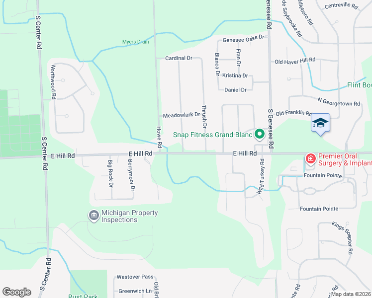 map of restaurants, bars, coffee shops, grocery stores, and more near 4310 East Hill Road in Grand Blanc