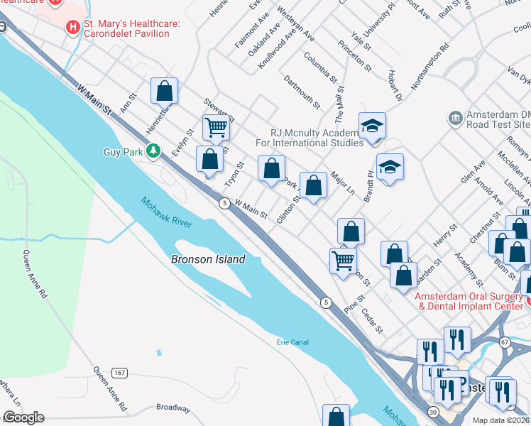 map of restaurants, bars, coffee shops, grocery stores, and more near 270 West Main Street in Amsterdam