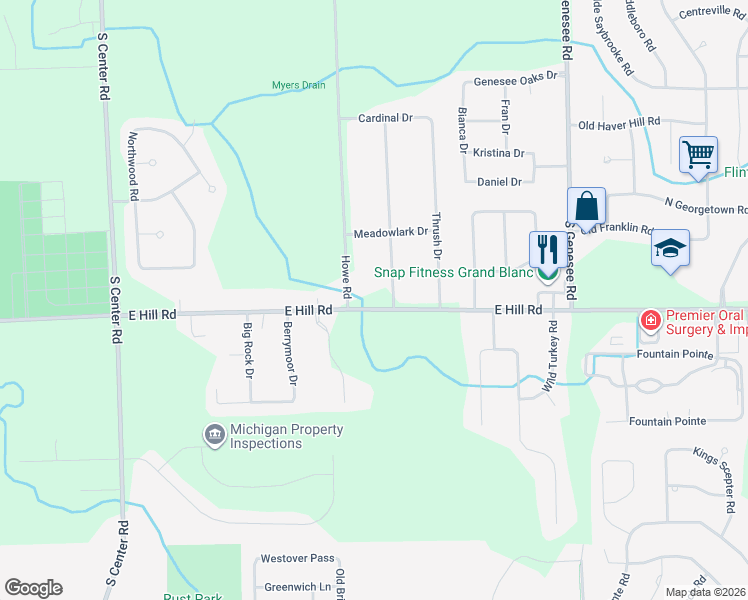 map of restaurants, bars, coffee shops, grocery stores, and more near 4310 Hill Road in Grand Blanc