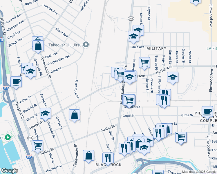 map of restaurants, bars, coffee shops, grocery stores, and more near Hertel Avenue & Deer Street in Buffalo