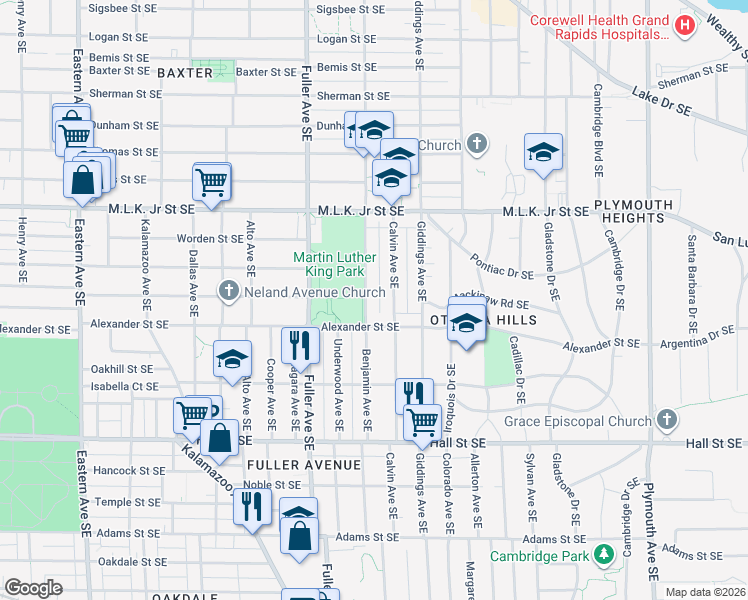 map of restaurants, bars, coffee shops, grocery stores, and more near 1309 Alexander Street Southeast in Grand Rapids