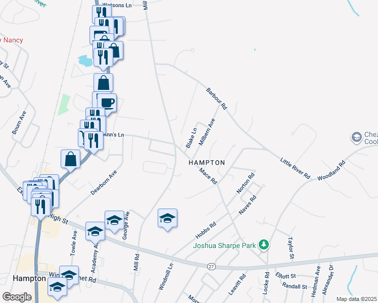 map of restaurants, bars, coffee shops, grocery stores, and more near 9 Mace Road in Hampton