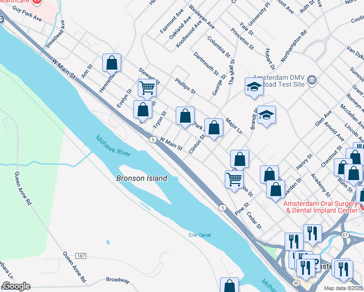 map of restaurants, bars, coffee shops, grocery stores, and more near 270 West Main Street in Amsterdam