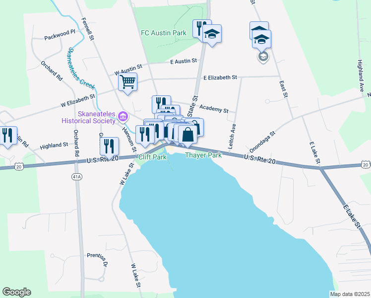 map of restaurants, bars, coffee shops, grocery stores, and more near 36 East Genesee Street in Skaneateles