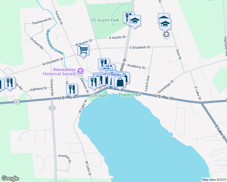 map of restaurants, bars, coffee shops, grocery stores, and more near 36 East Genesee Street in Skaneateles