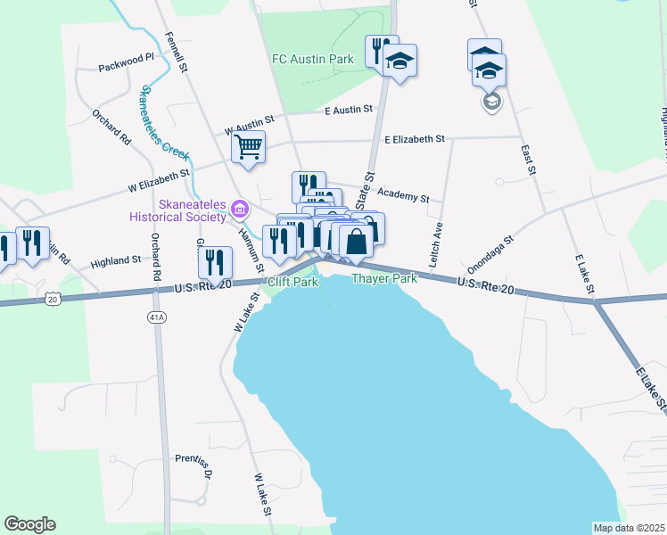 map of restaurants, bars, coffee shops, grocery stores, and more near 36 East Genesee Street in Skaneateles