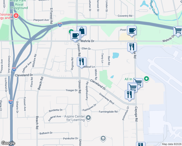 map of restaurants, bars, coffee shops, grocery stores, and more near 1250 Cleveland Drive in Buffalo