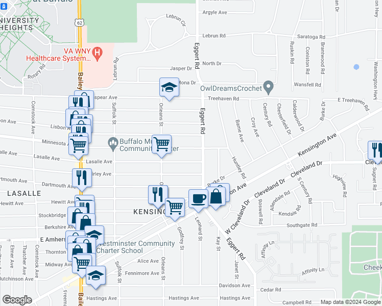 map of restaurants, bars, coffee shops, grocery stores, and more near 756 Lasalle Avenue in Buffalo