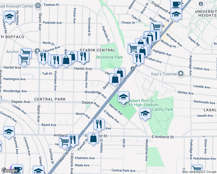 map of restaurants, bars, coffee shops, grocery stores, and more near 325 Beard Avenue in Buffalo