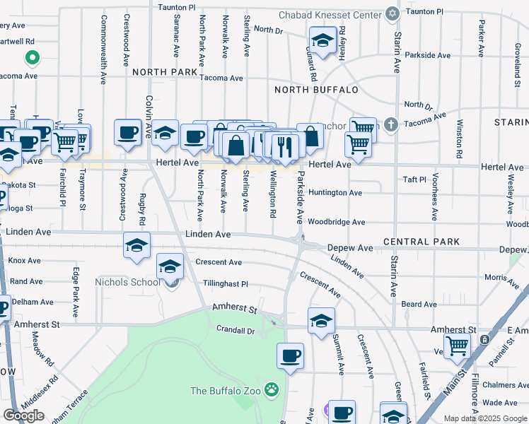 map of restaurants, bars, coffee shops, grocery stores, and more near 24 Wellington Road in Buffalo