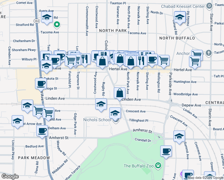 map of restaurants, bars, coffee shops, grocery stores, and more near 148 Colvin Avenue in Buffalo