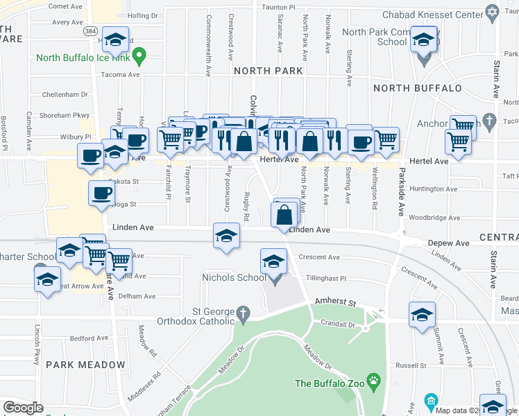 map of restaurants, bars, coffee shops, grocery stores, and more near 148 Colvin Avenue in Buffalo