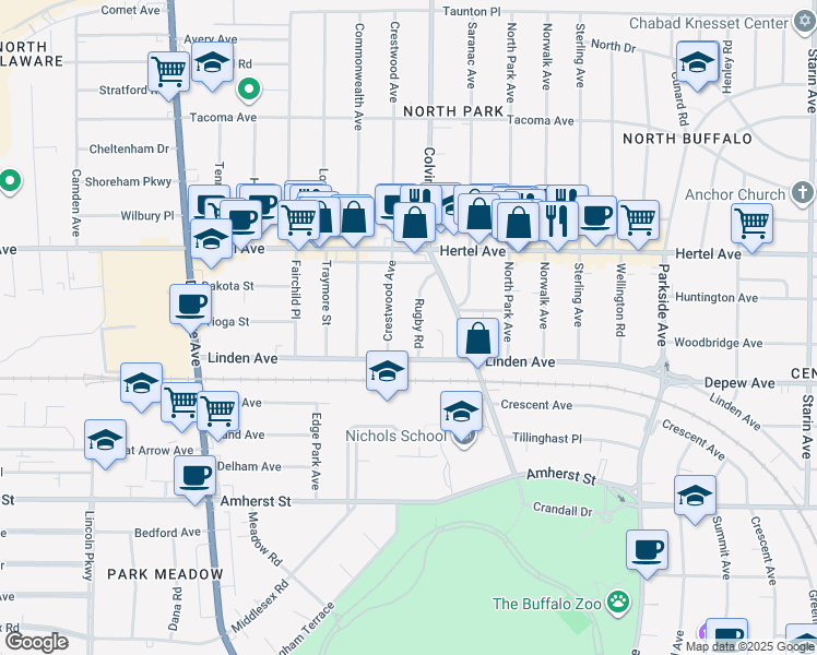 map of restaurants, bars, coffee shops, grocery stores, and more near 14 Rugby Road in Buffalo