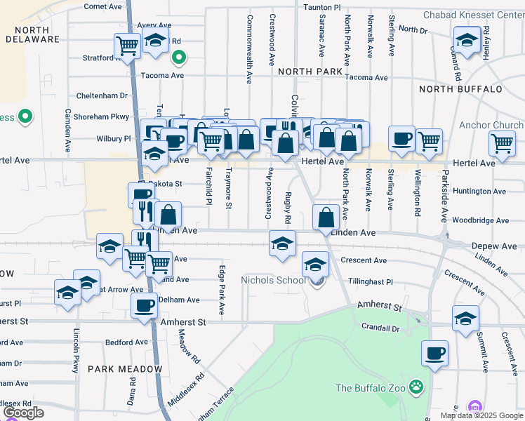 map of restaurants, bars, coffee shops, grocery stores, and more near 14 Crestwood Avenue in Buffalo