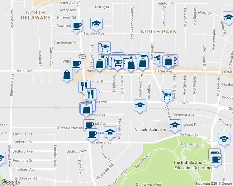 map of restaurants, bars, coffee shops, grocery stores, and more near 15 Fairchild Place in Buffalo