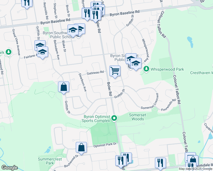 map of restaurants, bars, coffee shops, grocery stores, and more near 583 I Boler Road in London