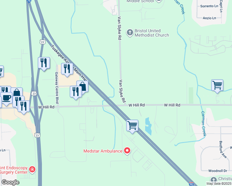 map of restaurants, bars, coffee shops, grocery stores, and more near 5504 Van Slyke Road in Flint