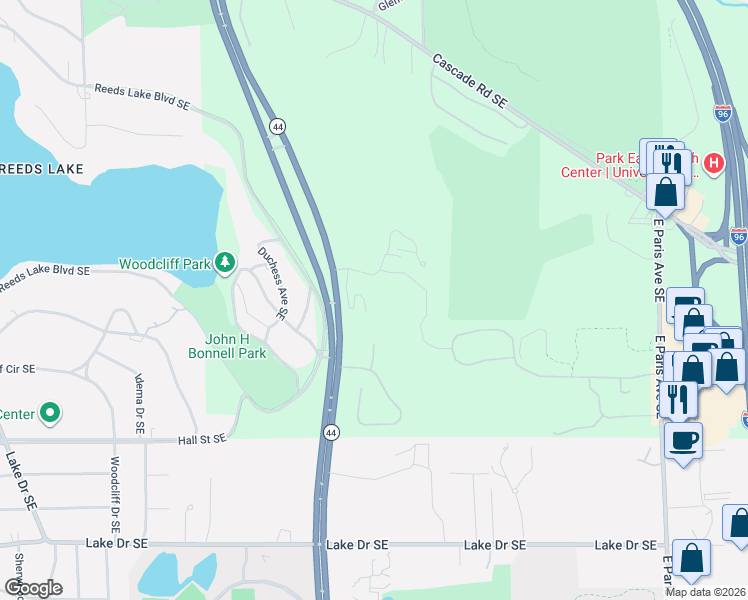 map of restaurants, bars, coffee shops, grocery stores, and more near 860 Pinnacle Run Drive Southeast in Grand Rapids
