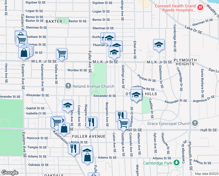 map of restaurants, bars, coffee shops, grocery stores, and more near 1309 Alexander Street Southeast in Grand Rapids