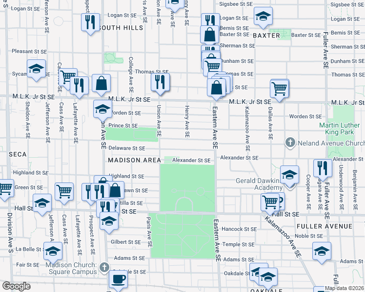 map of restaurants, bars, coffee shops, grocery stores, and more near 702 Delaware Street Southeast in Grand Rapids