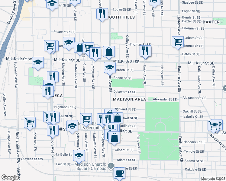 map of restaurants, bars, coffee shops, grocery stores, and more near 1012 Madison Avenue Southeast in Grand Rapids