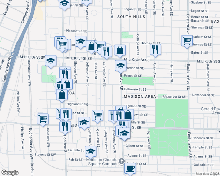 map of restaurants, bars, coffee shops, grocery stores, and more near 1031 Prospect Avenue Southeast in Grand Rapids