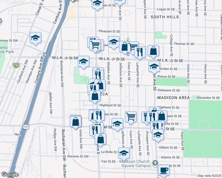 map of restaurants, bars, coffee shops, grocery stores, and more near 1000 Sheldon Avenue Southeast in Grand Rapids