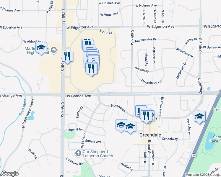map of restaurants, bars, coffee shops, grocery stores, and more near 7010 West Grange Avenue in Greendale