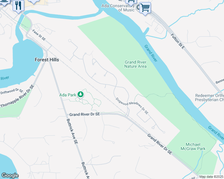 map of restaurants, bars, coffee shops, grocery stores, and more near 1033 Dogwood Meadows Drive Southeast in Ada