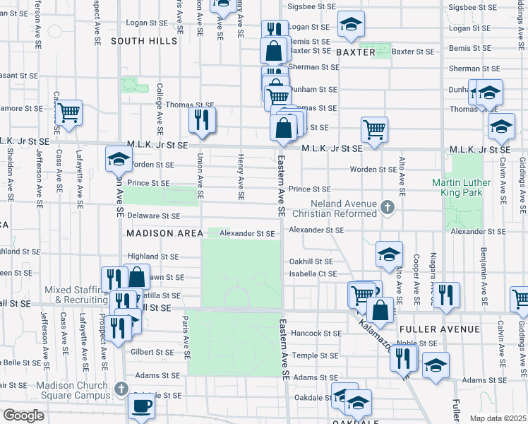 map of restaurants, bars, coffee shops, grocery stores, and more near 733 Delaware Street Southeast in Grand Rapids