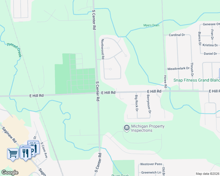 map of restaurants, bars, coffee shops, grocery stores, and more near 4028-4100 Hill Road in Grand Blanc