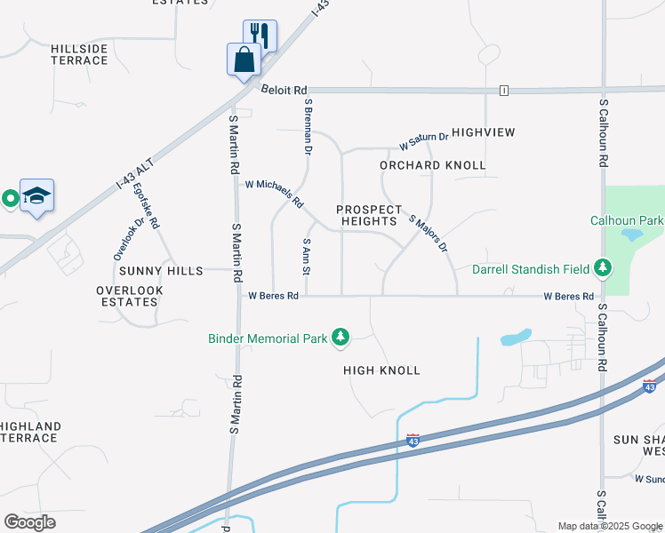 map of restaurants, bars, coffee shops, grocery stores, and more near 5465 South Oakridge Drive in New Berlin