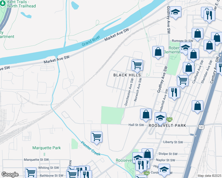 map of restaurants, bars, coffee shops, grocery stores, and more near 1009 Merrill Avenue Southwest in Grand Rapids