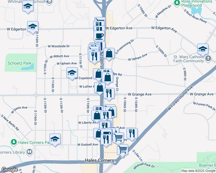 map of restaurants, bars, coffee shops, grocery stores, and more near 10708 West Grange Avenue in Hales Corners