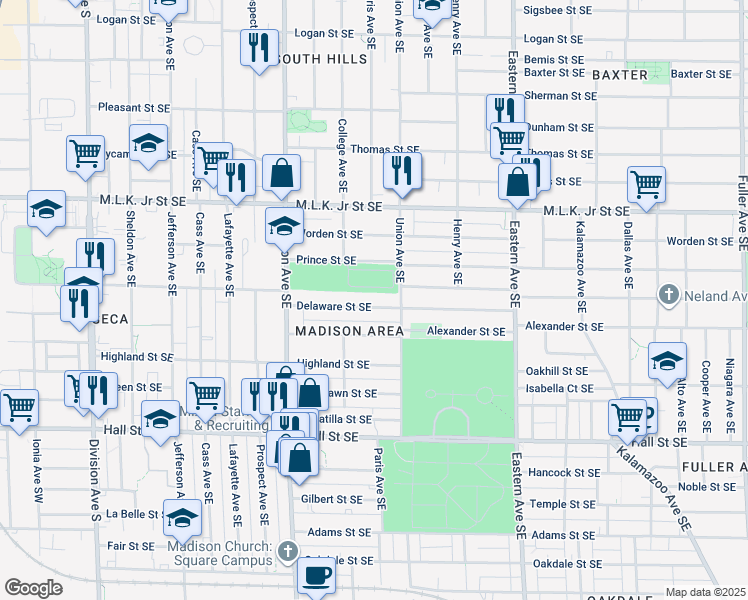 map of restaurants, bars, coffee shops, grocery stores, and more near 512 Delaware Street Southeast in Grand Rapids